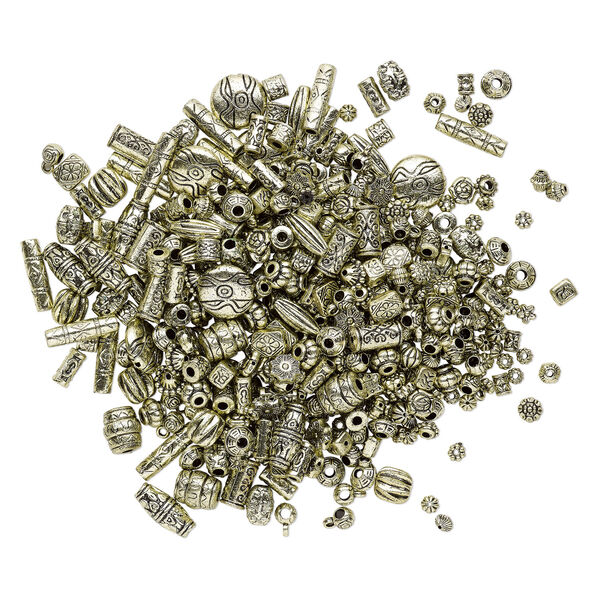Bead mix, antiqued gold-finished plastic, 6.5x2mm-25x19.5mm mixed shape. Sold per pkg of 250 grams, approximately 1,300 beads. image number 1