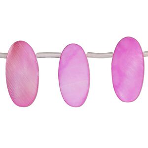 Bead, mother-of-pearl shell (dyed), pink, 19x7mm-20x9mm top-drilled flat oval, Mohs hardness 3-1/2. Sold per 13-inch strand, approximately 20 beads.