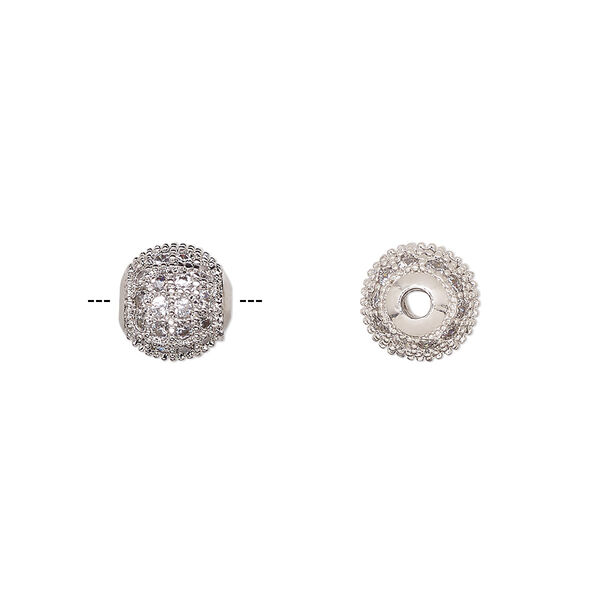 Bead, cubic zirconia and silver-finished brass, clear, 8mm textured round. Sold individually. image number 0