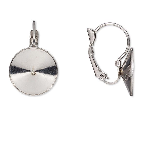 Ear wire, Almost Instant Jewelry®, stainless steel, 22mm leverback with 14mm rivoli setting. Sold per pkg of 2 pairs. image number 0