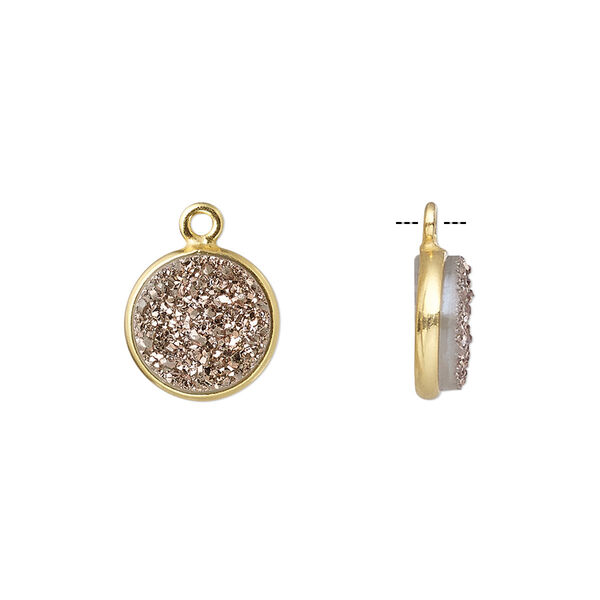 Drop, titanium- / electro-coated druzy agate (coated) / gold-finished sterling silver, rose gold, 11mm hand-cut single-sided flat round. Sold individually. image number 0