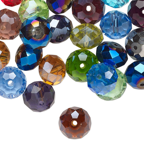 Bead mix, glass, pkg/2 ounces, opaque to transparent mixed colors, 10x8mm-11x9mm faceted rondelle. image number 0
