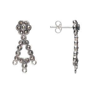 Marcasite / sterling silver 1pkg2, flower earstud / open loop natural 23x10mm