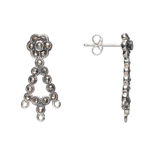 Marcasite / sterling silver 1pkg2, flower earstud / open loop natural 23x10mm image number 0