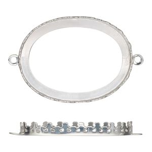 Link, sterling silver, 41.5x32mm oval with decorative trim and open back with 40x30mm oval cabochon bezel setting. Sold individually.