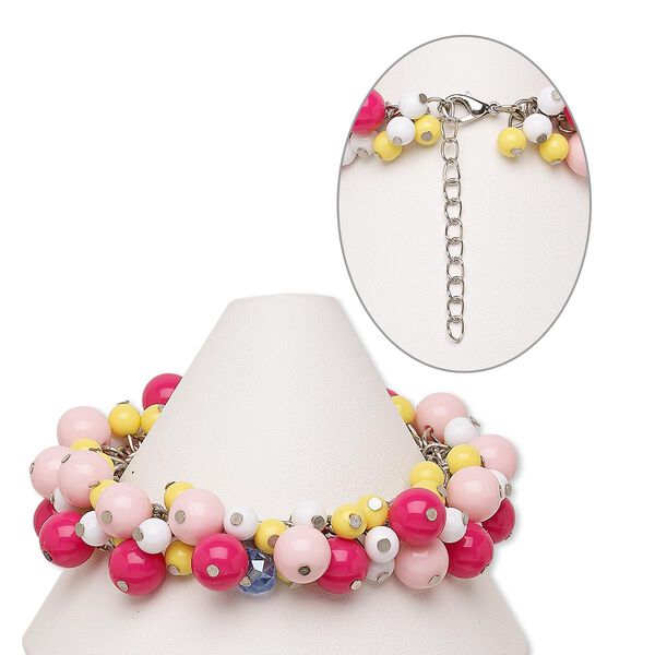 Bracelet, acrylic / glass / silver-finished steel / brass, yellow / pink / multicolored, 23mm wide with round beads, 7 inches with 2-inch extender chain and lobster claw clasp. Sold individually. image number 0