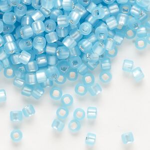 Seed bead, Dyna-Mites™, glass, silver-lined translucent matte light aqua, #6 round with square hole. Sold per 40-gram pkg.