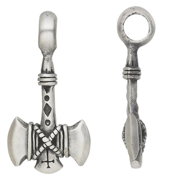 Pendant, antiqued pewter (tin-based alloy), 43x22mm double-sided axe with cross. Sold individually. image number 0