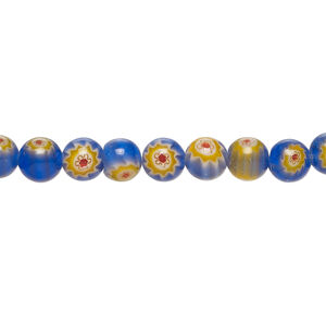 Bead, millefiori glass 1pkg1, translucent blue / blue / multicolored, 6mm round, 15 inches.