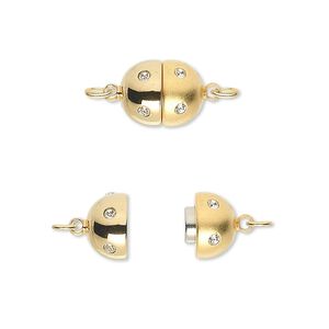 Clasp, magnetic, cubic zirconia and gold-plated brass, clear, 11x9mm matte and shiny oval. Sold individually.