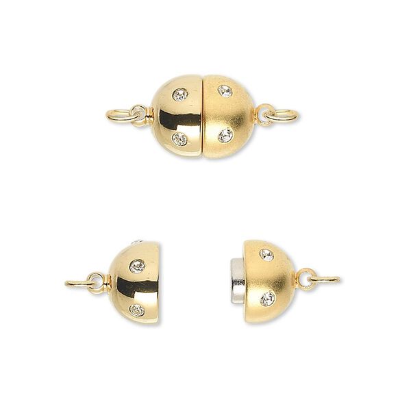 Clasp, magnetic, cubic zirconia and gold-plated brass, clear, 11x9mm matte and shiny oval. Sold individually. image number 0