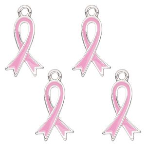 Charm, antique silver-finished enamel "pewter" (zinc-based alloy), pink, 18x12mm single-sided awareness ribbon. Sold per pkg of 4.