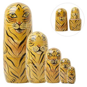 Nesting box, wood, multicolored, 1-1/4 x 1/2 to 6-1/4 x 2-inch hand-painted tiger. Sold per 5-piece set.