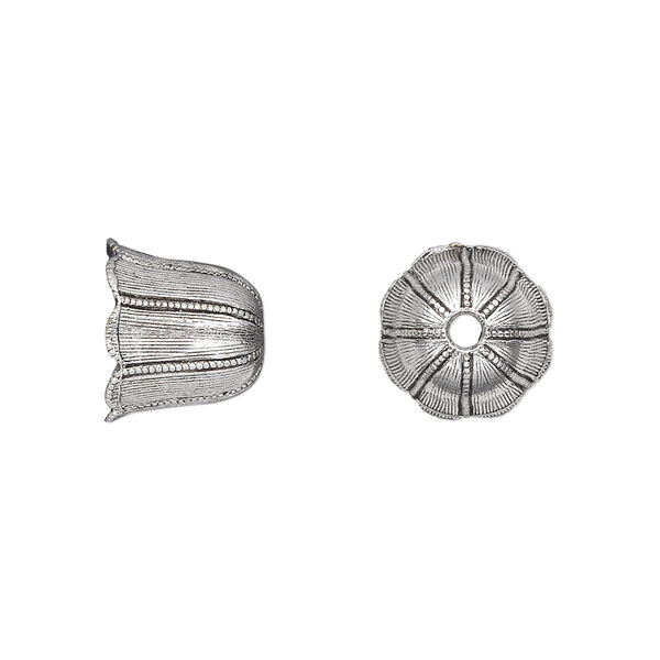 Cord end, pewter (tin-based alloy), pkg/1, antique silver plate, 10mm textured bell flower, 8mm inside diameter. image number 0