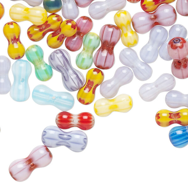 Bead mix, millefiori glass, opaque to transparent multicolored, 9x4mm-11x5mm peanut with 0.4-0.6mm hole. Sold per 1-ounce pkg, approximately 100-110 beads. image number 0