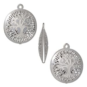 Drop, stainless steel, 18mm double-sided domed round with textured cut-out tree of life design. Sold per pkg of 6.