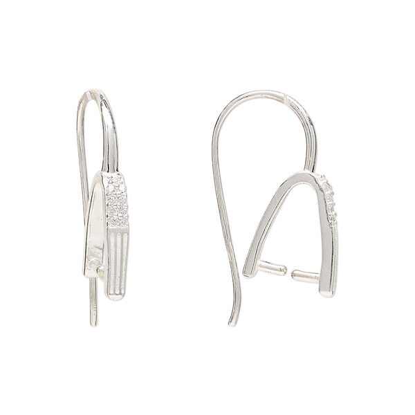 Ear wire, sterling silver and cubic zirconia, clear, 21mm hook with lines and ice-pick bail and 8.5mm grip length, 20 gauge. Sold per pair. image number 0