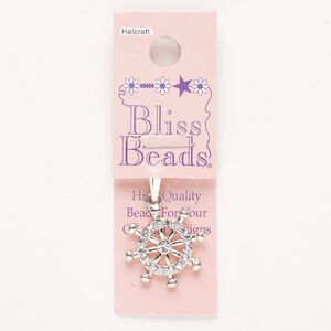 Pendant, "pewter" (zinc-based alloy)/steel/glass, pkg/1, silver finish and clear, 20mm ship wheel.