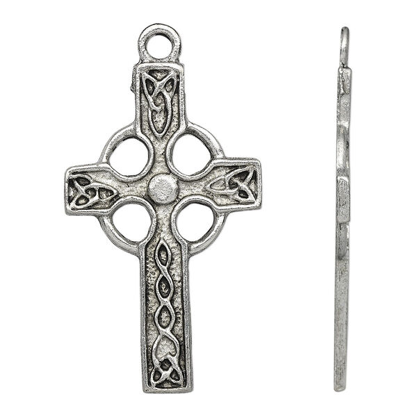 Focal, antiqued pewter (tin-based alloy), 45x27mm Celtic cross. Sold individually. image number 0