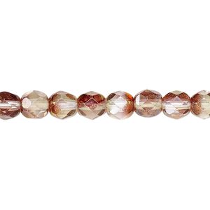 Bead, Czech fire-polished glass, pink and peach luster, 6mm faceted round. Sold per 15-1/2" to 16" strand.