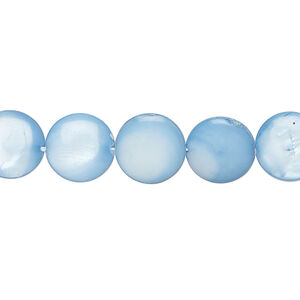 Mother-of-pearl shell 1pkg1, puffed flat round bead 15 inch light denim blue 9-11mm