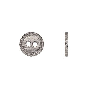Button, gunmetal-finished "pewter" (zinc-based alloy), 12.5mm double-sided flat round with rope edge. Sold per pkg of 50.