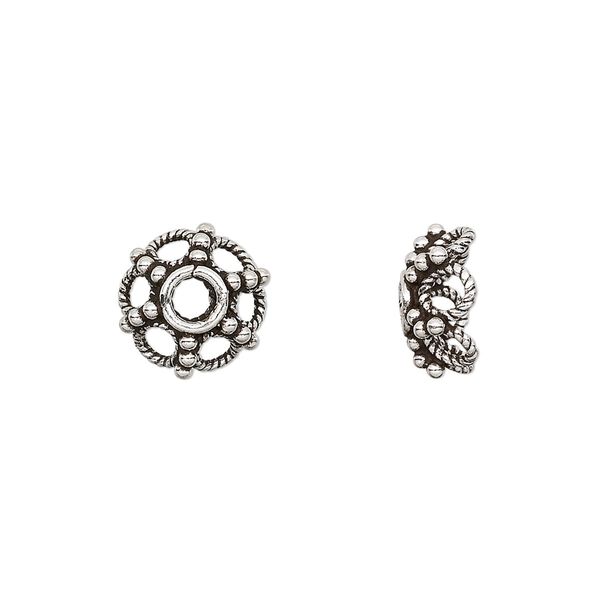 Bead cap, antiqued sterling silver, 11.5x5.5mm beaded round with rope design, fits 8-12mm bead. Sold per pkg of 4. image number 0