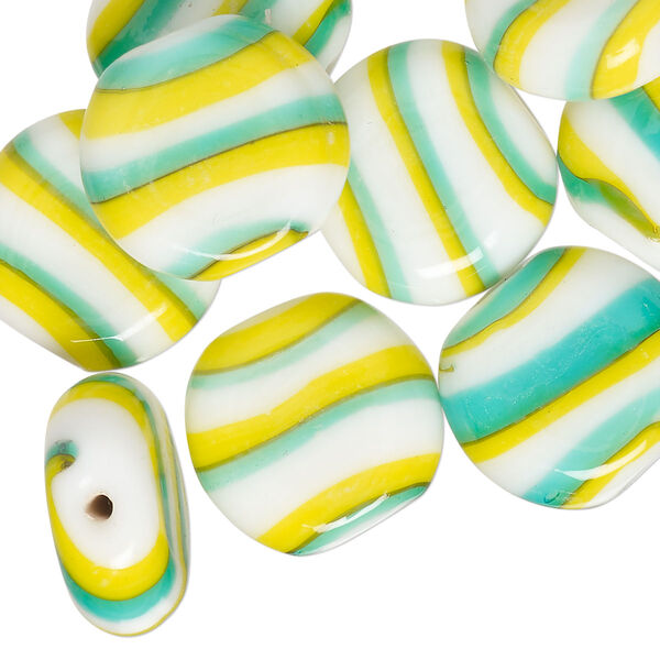 Bead, lampworked glass, opaque yellow / sky blue / white, 17mm flat round. Sold per pkg of 10. image number 0