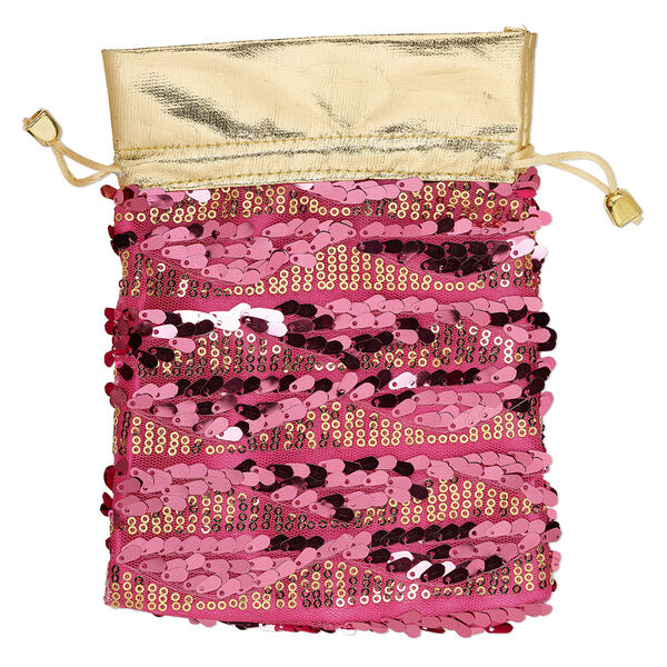 Pouch, nylon / plastic sequins / gold-coated plastic, gold and pink, 7-1/2 x 5-3/4 inches with drawstring. Sold individually. image number 0