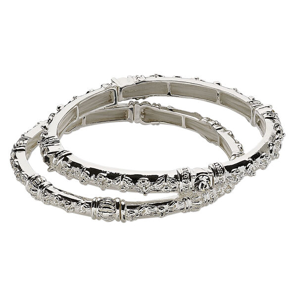 Bracelet, stretch, Austrian glass rhinestone and silver-plated "pewter" (zinc-based alloy), clear, 6.5mm wide with raised fancy design, 6-1/2 inches. Sold per pkg of 2. image number 0