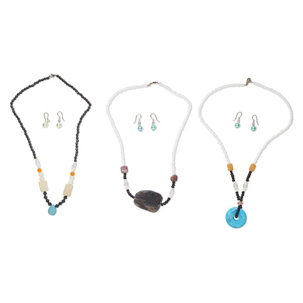 Necklace and earring mix, steel / multi-gemstone (natural / dyed / imitation) / glass, multicolored, 4x3mm-35x30mm multi-shape, 16-19 inches, 1 to 1-1/2 inch earring with fishhook ear wire. Sold per pkg of 3 sets. image number 0