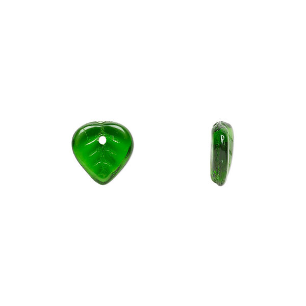 Bead, Czech pressed glass, emerald green, 9x8.5mm top-drilled leaf. Sold per 15-1/2" to 16" strand, approximately 140 beads. image number 0