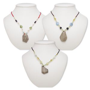 Multi-gemstone / acrylic / glass 1pkg3, freeform pendant necklace mix continuous loop 20 inch 32x27mm-48x36mm