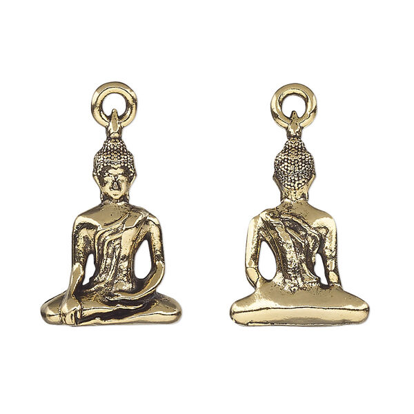 Drop, antique gold-plated pewter (tin-based alloy), 22x15mm 3D Buddha. Sold individually. image number 0