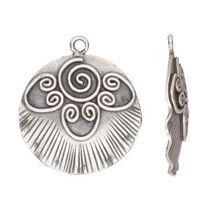Drop, Hill Tribes, antiqued fine silver, 25mm single-sided wavy round with spiral and hearts design. Sold individually.