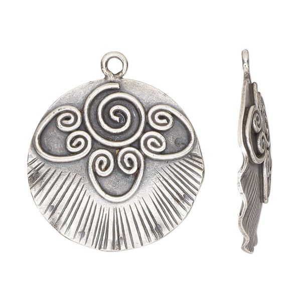 Drop, Hill Tribes, antiqued fine silver, 25mm single-sided wavy round with spiral and hearts design. Sold individually. image number 0