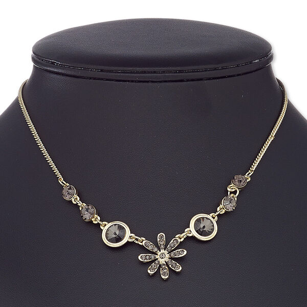 Necklace, glass rhinestone / gold-coated plastic / gold-finished steel / "pewter" (zinc-based alloy), grey, flower, 16 inches with 2-inch extender chain and lobster claw clasp. Sold individually. image number 0