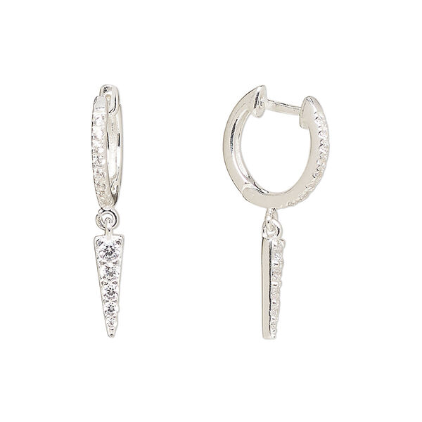 Earring, Create Compliments®, sterling silver and cubic zirconia, clear, 26mm hoop with endless-loop closure and triangle dangle. Sold per pair. image number 0