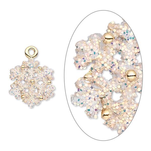 Charm, gold-finished "pewter" (zinc-based alloy) and enamel, white, 13mm double-sided snowflake with glitter. Sold individually. image number 0