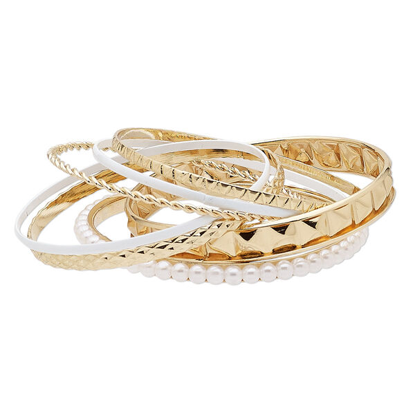 Bracelet, bangle, enamel / acrylic / acrylic pearl / gold-finished steel, white, 2.5-10mm wide, 8 inches. Sold per 7-piece set. image number 0