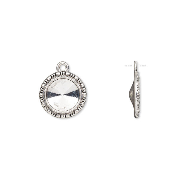 Drop, Almost Instant Jewelry®, antique silver-finished "pewter" (zinc-based alloy), 17mm round with beaded design and 12mm rivoli setting. Sold per pkg of 6. image number 0
