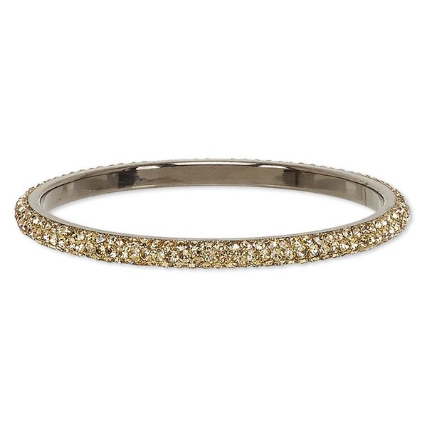 Bracelet, bangle, epoxy / Preciosa glass rhinestone / gunmetal-plated brass, black and light topaz, 6mm wide, 2-3/4 inch inside diameter. Sold individually. image number 0