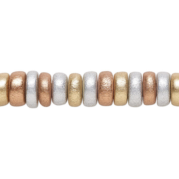 Bead, painted Taiwanese cheesewood (coated), metallic gold / silver / copper, 8x4mm rondelle. Sold per pkg of (2) 15-1/2" to 16" strands. image number 0