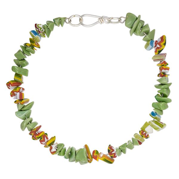 Bracelet, glass / chevron glass / steel memory wire, green and multicolored, 7.5mm wide with chip, 7-1/2 inches with hook clasp. Sold individually. image number 0