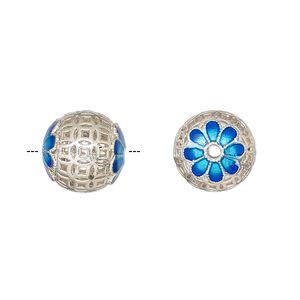 Bead, silver-finished brass and enamel, light blue and blue, 12mm round with filigree and flower design. Sold individually.