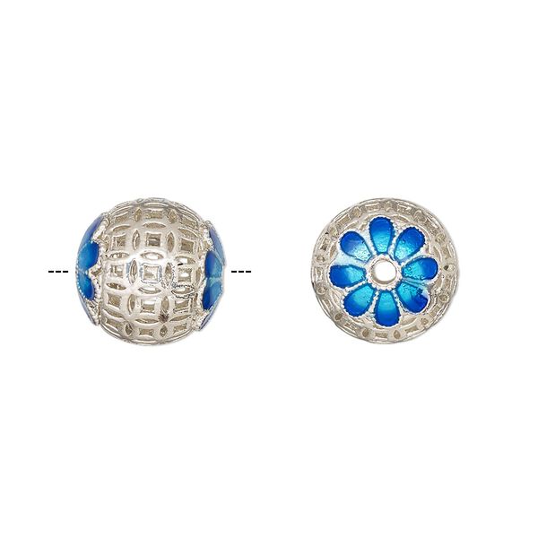 Bead, silver-finished brass and enamel, light blue and blue, 12mm round with filigree and flower design. Sold individually. image number 0
