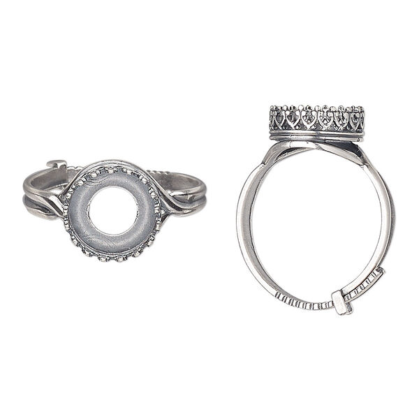 Ring, JBB Findings, antique silver-plated brass, 12mm wide with decorative trim and 10mm round bezel setting, adjustable from size 8-11. Sold individually. image number 0