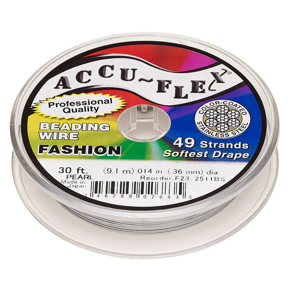 Beading wire, Accu-Flex®, nylon and stainless steel, pearl, 49 strand, 0.014-inch diameter. Sold per 30-foot spool. image number 0