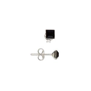 Earring 1pkg2 sterling silver, 4mm square earstud / earnuts, glass jet 1 pair