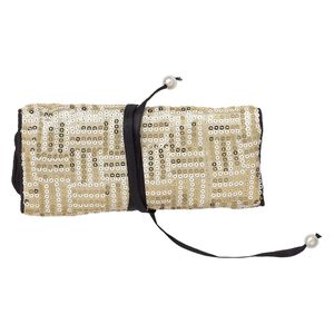 Jewelry pouch, nylon / rayon / plastic sequins, white / black / gold, 8-3/4 x 6-1/4 inches with tie closure. Sold individually.